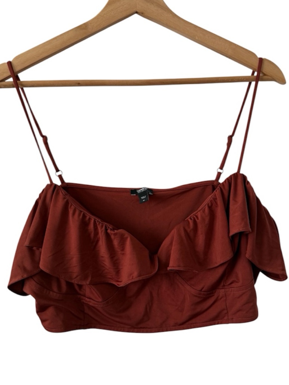 Express Body Contour Silky Ruffle Overlay V-Wire Crop Top